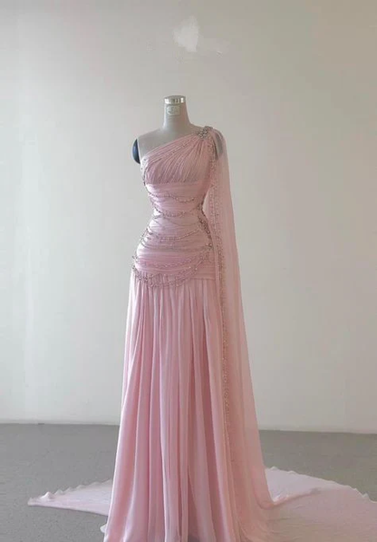 Vintage A-Linie One-Shoulder-Rosa Chiffon Ballkleider Perlen Abendkleid J5712 