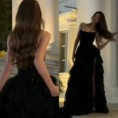 Robe de bal bustier noire à paillettes et fente latérale J5728 