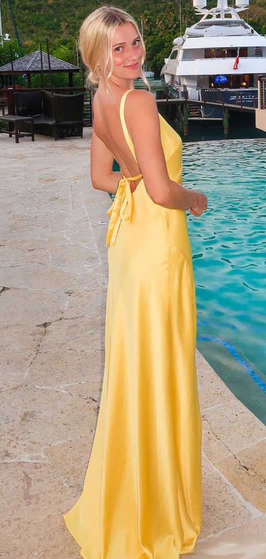 Rückenfreies gelbes Schlitz-Ballkleid aus Satin, formelle Abendkleider J5754 