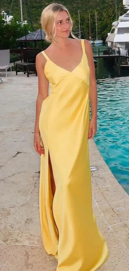 Rückenfreies gelbes Schlitz-Ballkleid aus Satin, formelle Abendkleider J5754 