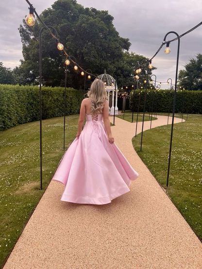 Robe de bal rose en satin coupe trapèze, tenue de soirée formelle, J5757 
