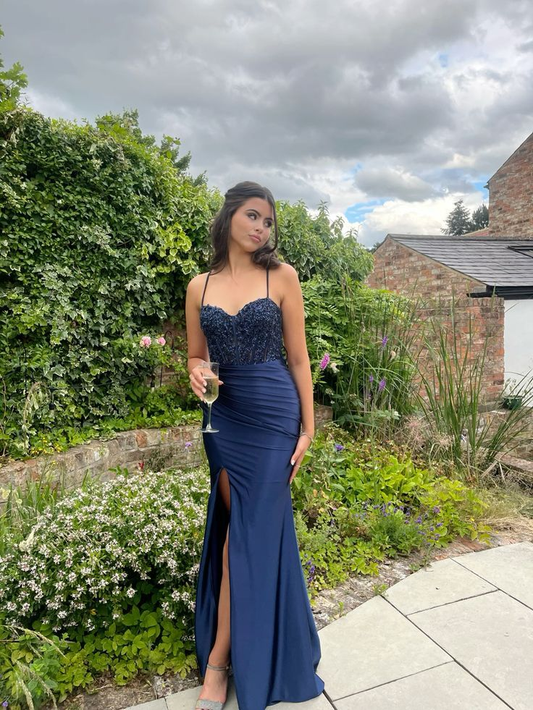 Navy Blue Long Prom Dress with Slit Elegant Evening Party Dress J5789