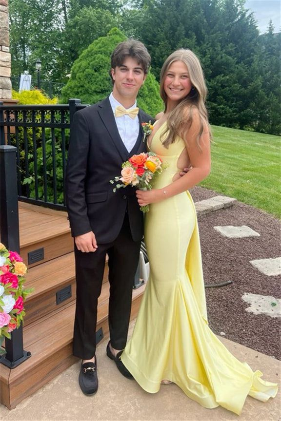 V Neck Yellow Open Back Mermaid Long Prom Dress J5792