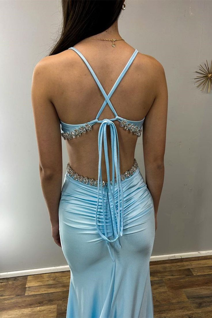 Robe de bal longue bleu clair à col en V et strass style sirène J5794 