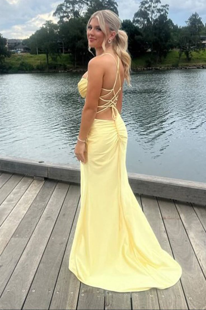 Robe de bal longue sirène en satin jaune avec fente J5795 