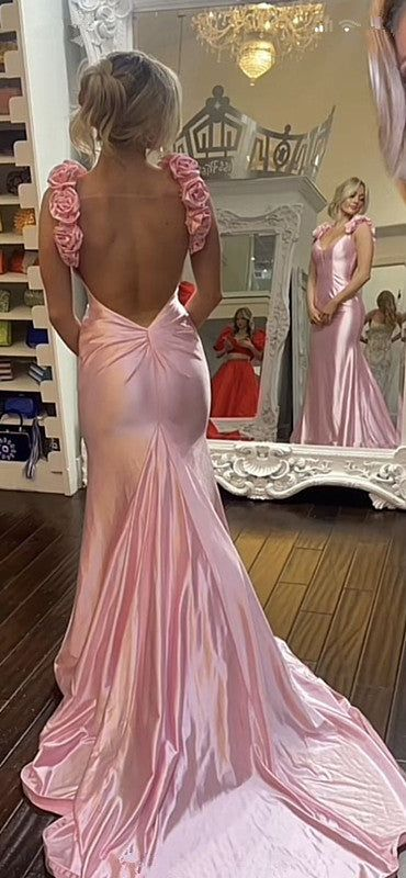 Mermaid Straps Pink Satin Backless Evening Gown Prom J5802