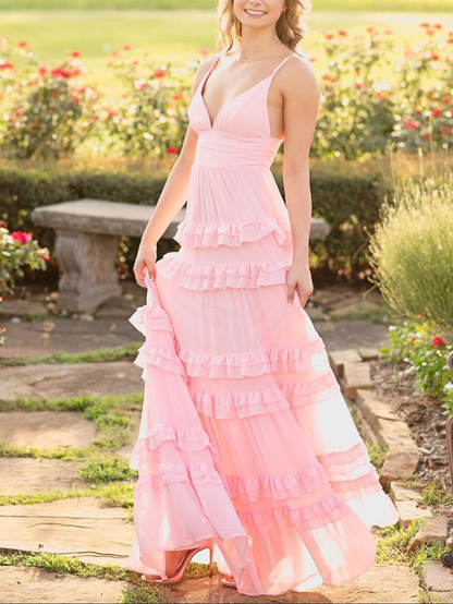 Rosa A-Linie Rüschen Ballkleid Formales Partykleid J5805