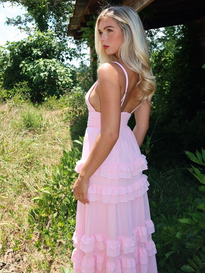 Rosa A-Linie Rüschen Ballkleid Formales Partykleid J5805