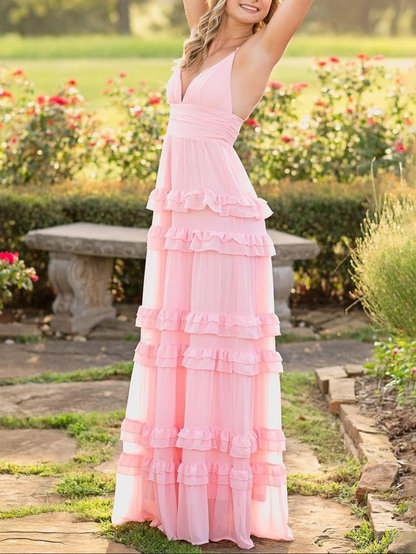 Rosa A-Linie Rüschen Ballkleid Formales Partykleid J5805
