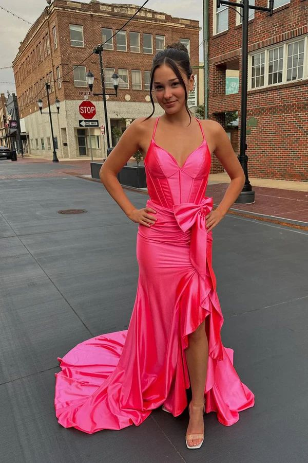 Hot Pink Mermaid Slit Prom Dress Ruffles Formal Party Dress J5807