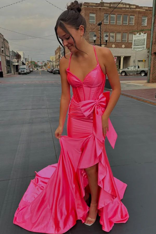 Hot Pink Mermaid Slit Prom Dress Ruffles Formal Party Dress J5807