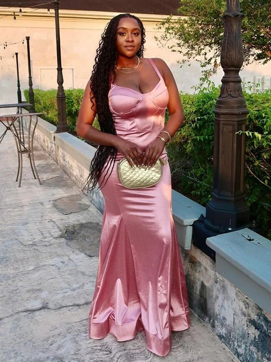 Pink Satin Mermaid Prom Dress Evening Formal Dress Birthday Outfit J5812