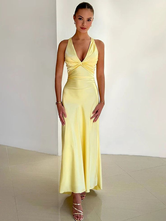 Elegantes gelbes langes Ballkleid mit V-Ausschnitt, formelles Abendkleid J5814