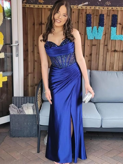 Robe de soirée longue en satin à col en cœur et sirène J5819