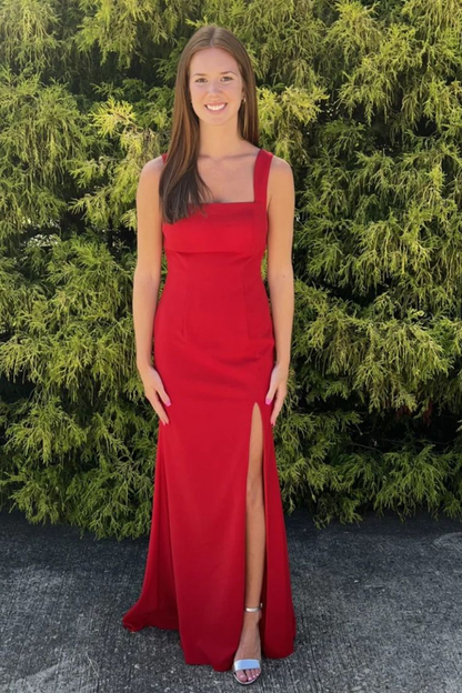 Robe de bal longue sirène carrée à bretelles rouges J5830