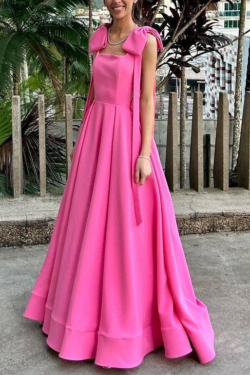 Rosa A-Linie Schleifen Langes Ballkleid J5831