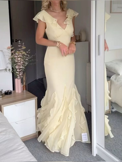V Neck Mermaid Chiffon Prom Dress Formal Evening Gown J5836