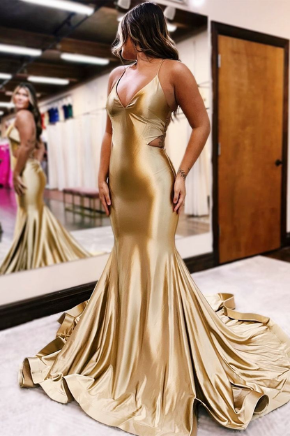 V-Ausschnitt Gold Meerjungfrau Langes Ballkleid Rückenfreies Abendkleid J5843