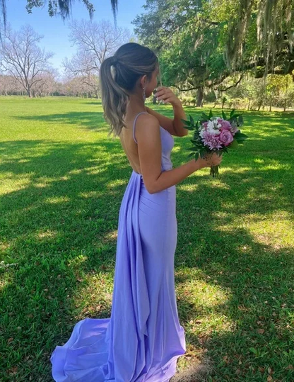Lavendel Meerjungfrau Satin Langes Ballkleid Rückenfreies Abendkleid J5847