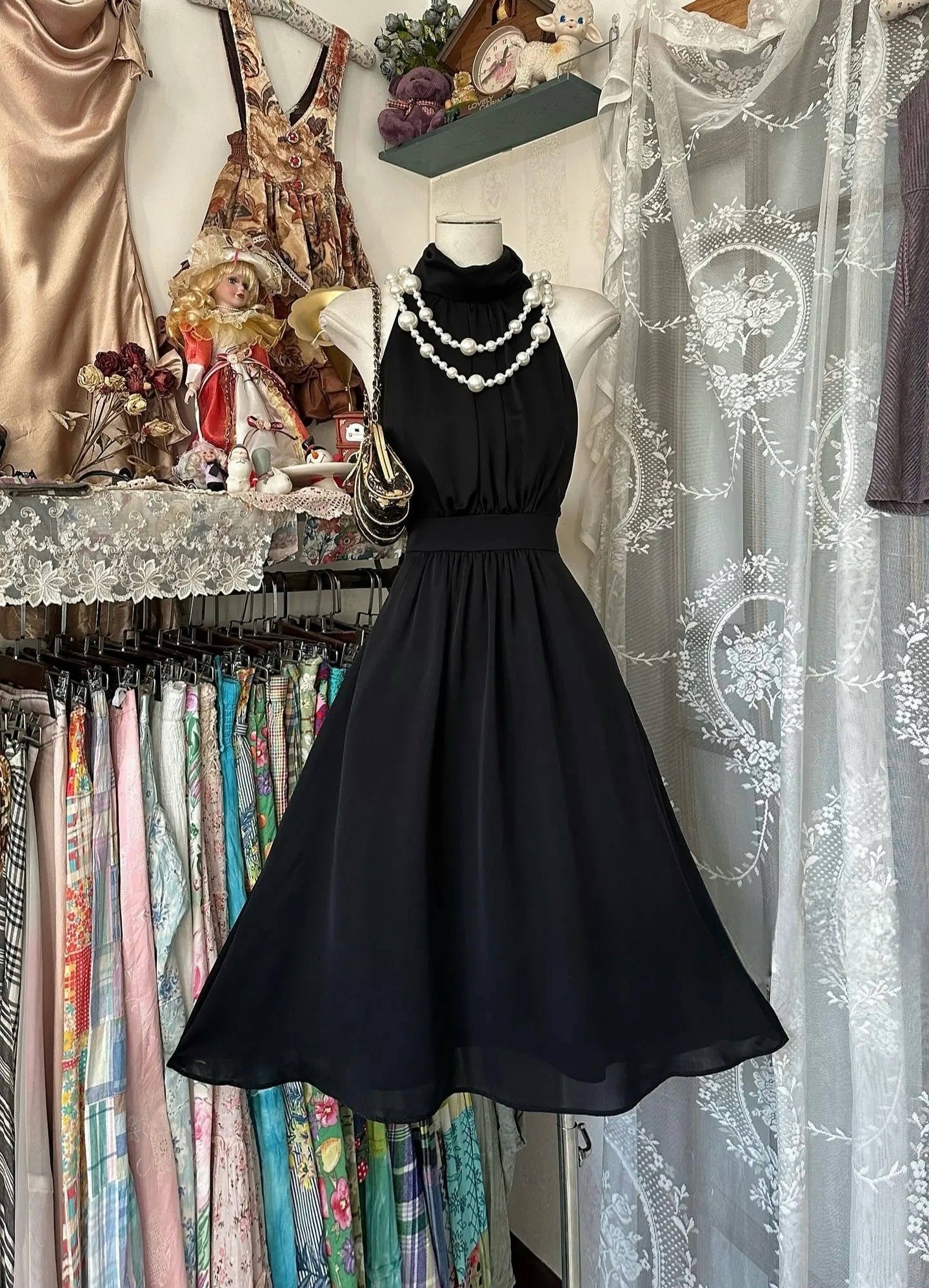 Halter Black A Line Birthday Dress Chiffon Summer Dress J6684