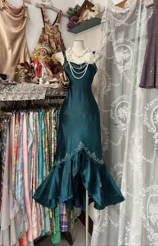Perlen Grün Meerjungfrau Satin Ballkleid Formale Party Abendkleid J6685