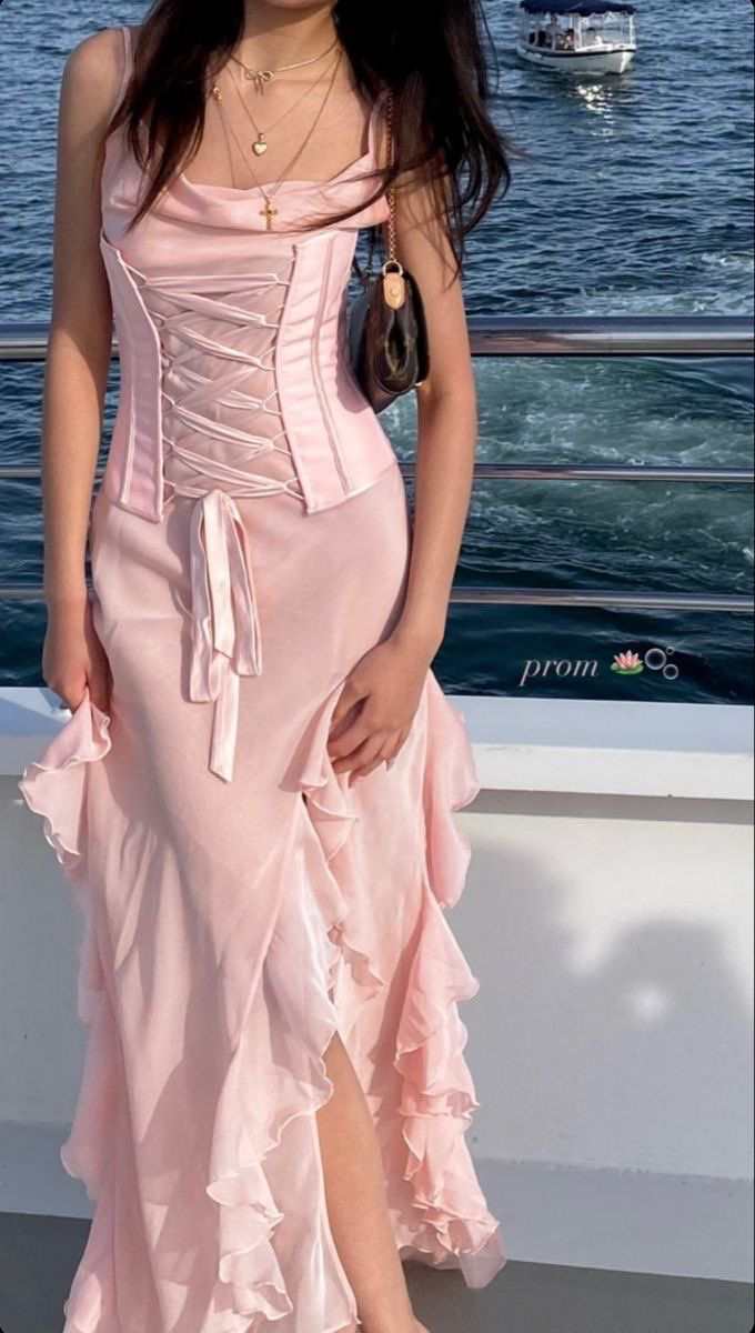 Rosa Chiffon-Ballkleid mit Rüschen, formelles Partykleid J6699