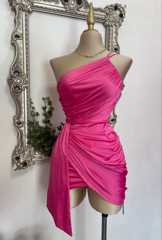 One Shoulder Pink Short Birthday Dress Homecoming Graduation Dress J6706