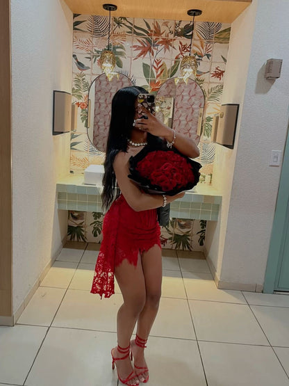 Rotes Etuikleid mit Spitze für Geburtstag, formelle Party, Heimkehrkleid J7133