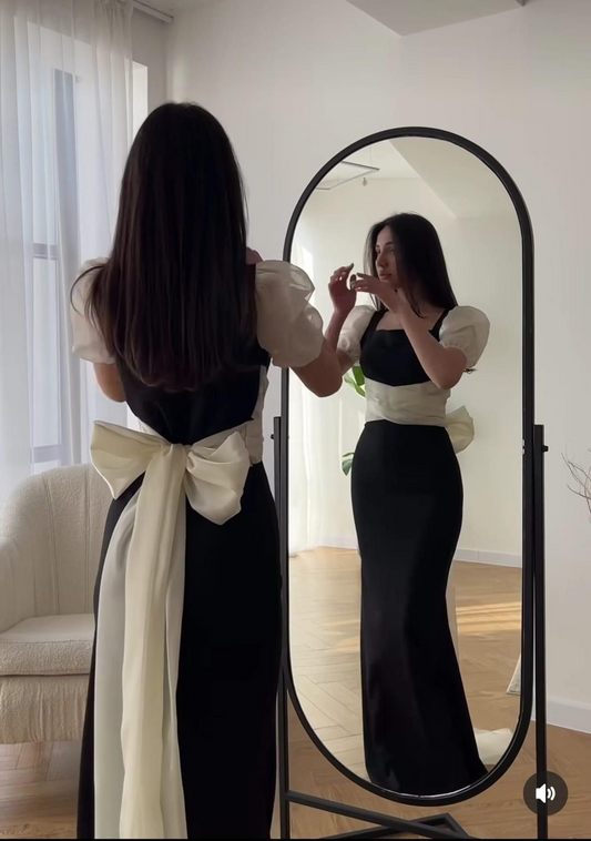 Robe de soirée longue sirène à manches courtes et nœud J8674