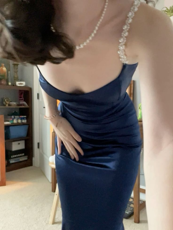 Pearl Strap Long Prom Dress Navy Blue Evening Party Gown J8677