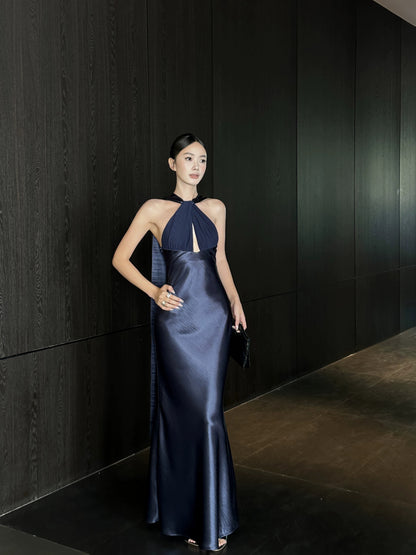 Marineblaues Satin-Abendkleid mit langem Etuikleid, Partykleid J8680