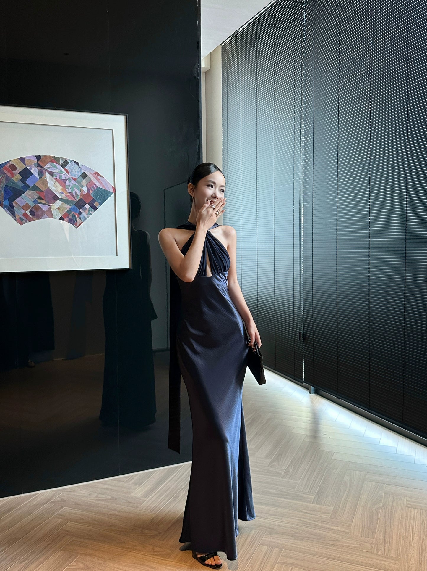 Marineblaues Satin-Abendkleid mit langem Etuikleid, Partykleid J8680