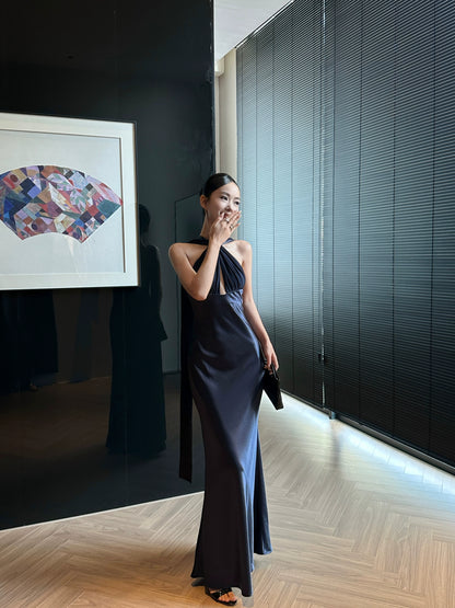 Marineblaues Satin-Abendkleid mit langem Etuikleid, Partykleid J8680