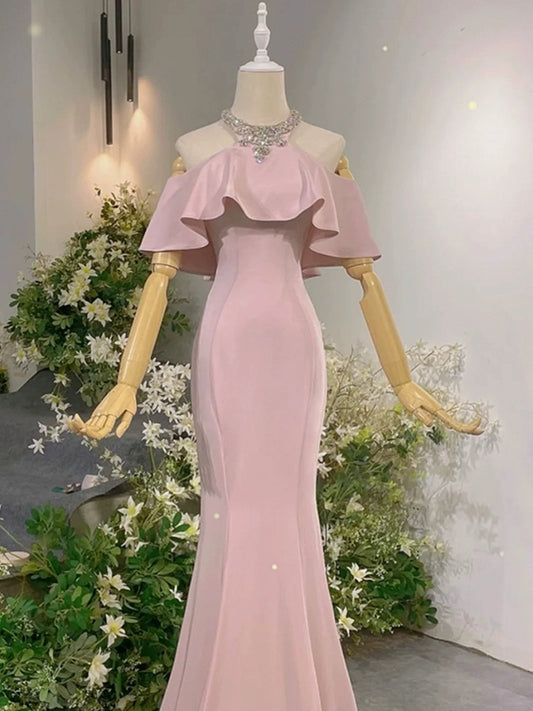 Robe de soirée longue sirène rose, robe de soirée modeste J8682