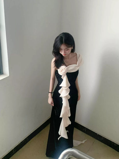 Robe de soirée longue élégante à volants et à une épaule J8683