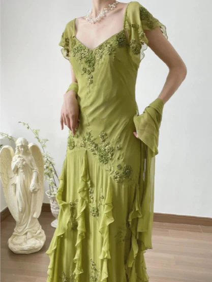 Green Chiffon Long Prom Dress Applique Vintage Evening Gowns J8685