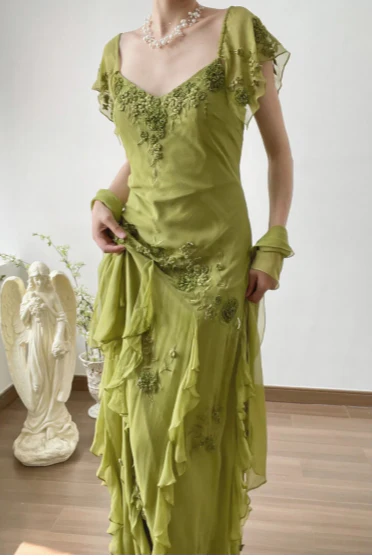Green Chiffon Long Prom Dress Applique Vintage Evening Gowns J8685