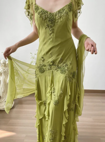 Green Chiffon Long Prom Dress Applique Vintage Evening Gowns J8685
