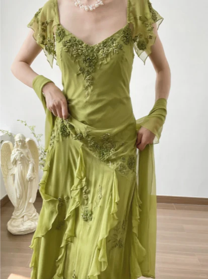 Green Chiffon Long Prom Dress Applique Vintage Evening Gowns J8685