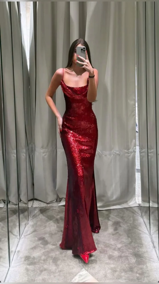 Spaghettiträger Burgund Pailletten Lange Ballkleider Geburtstag Outfits J8689