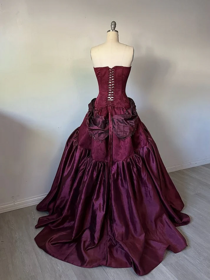 Strapless Burgundy Vintage Prom Dresses Formal Party Gown J8690