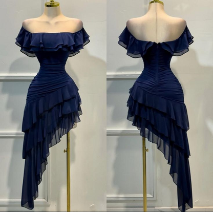 Robe de bal à volants en mousseline à épaules dénudées, robe de soirée superposée J8693