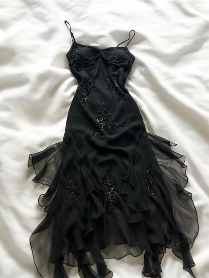 Robe de bal noire trapèze à perles, robe de soirée formelle vintage J8696