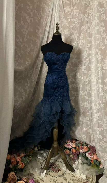 Navy Blue Mermaid Pleated Long Prom Dress Vintage Evening Dress J8698