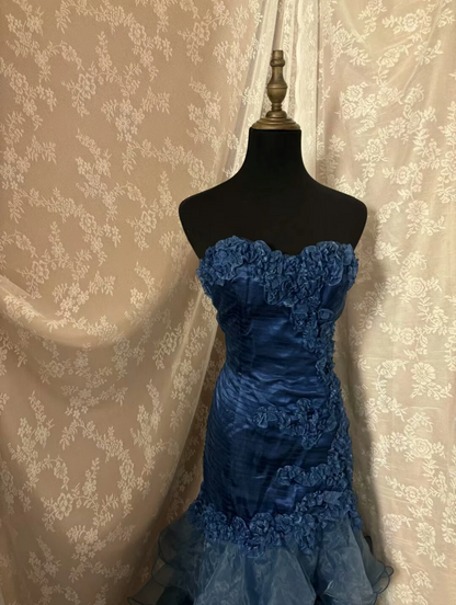 Navy Blue Mermaid Pleated Long Prom Dress Vintage Evening Dress J8698