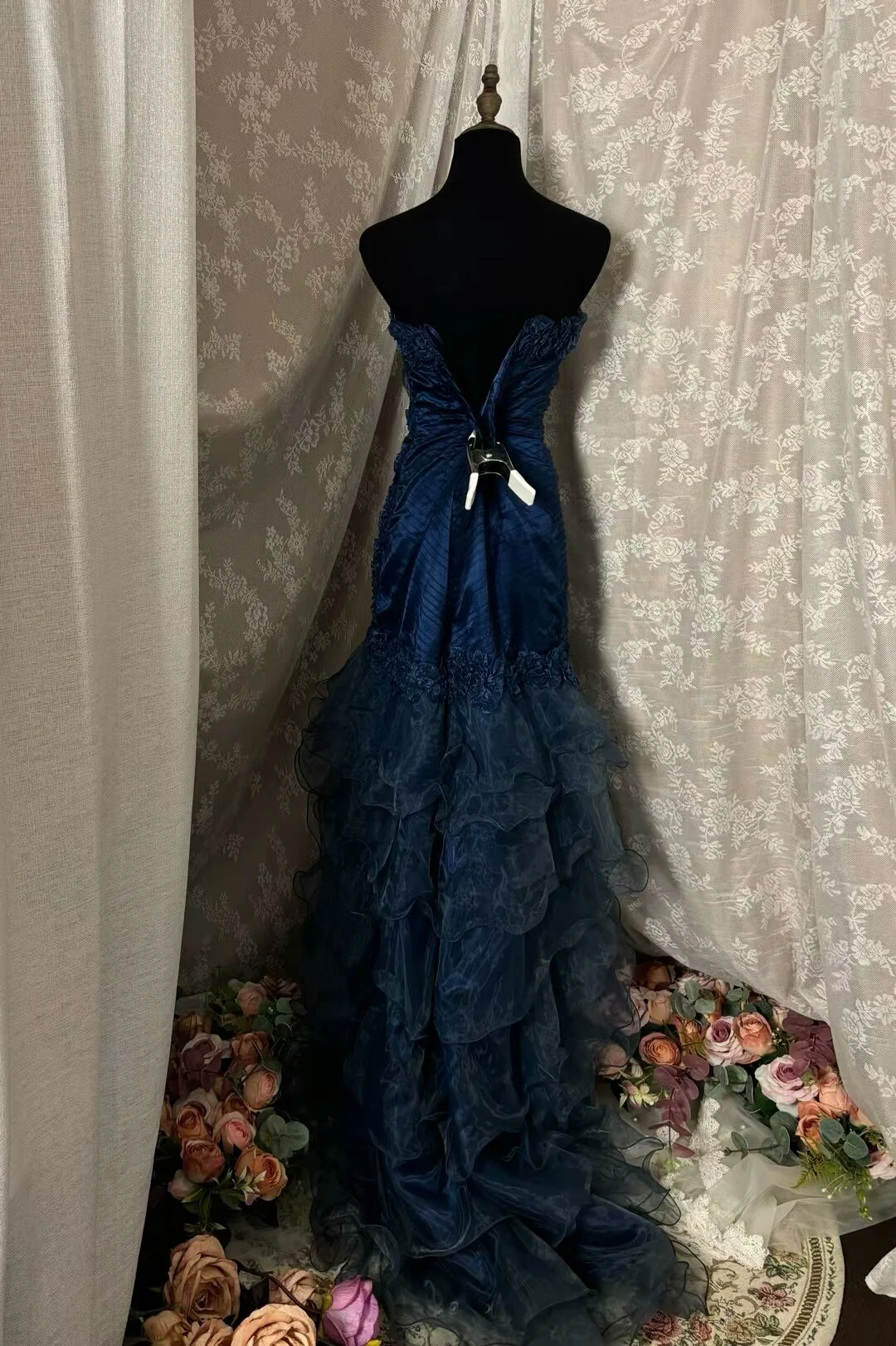 Navy Blue Mermaid Pleated Long Prom Dress Vintage Evening Dress J8698