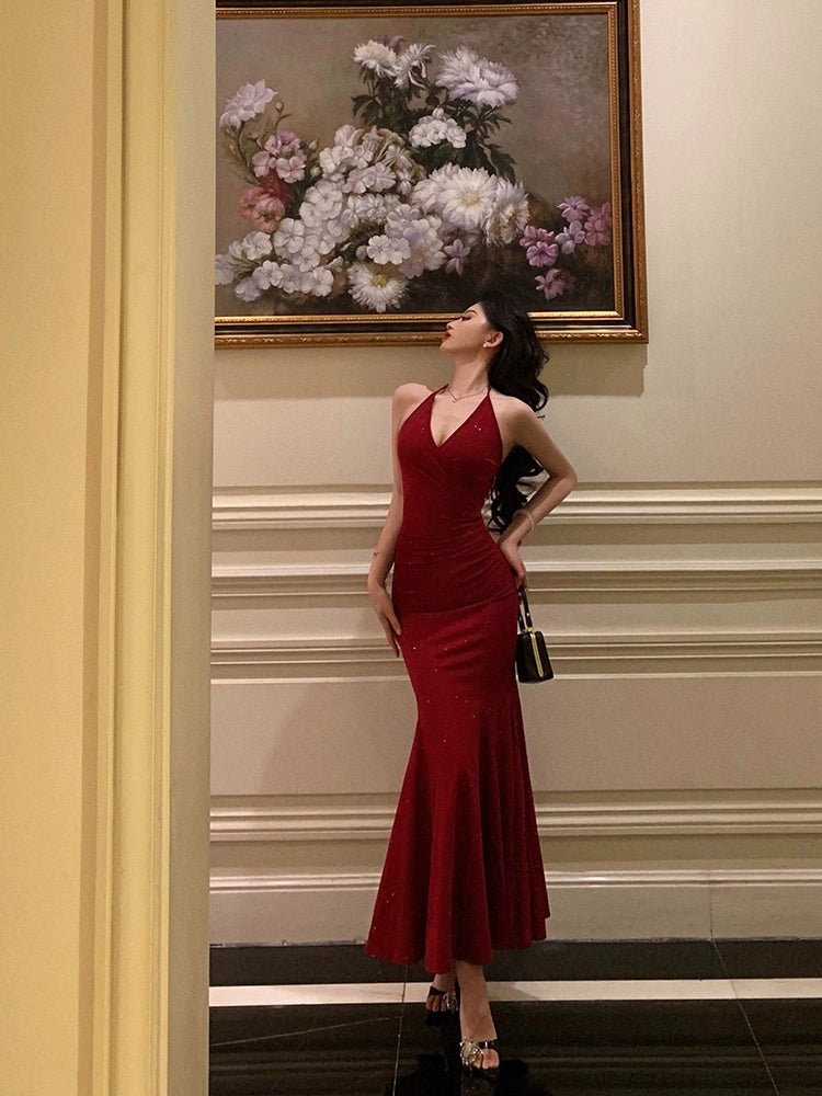 Robe de bal longue sirène dos nu bordeaux, robe de soirée formelle J8699