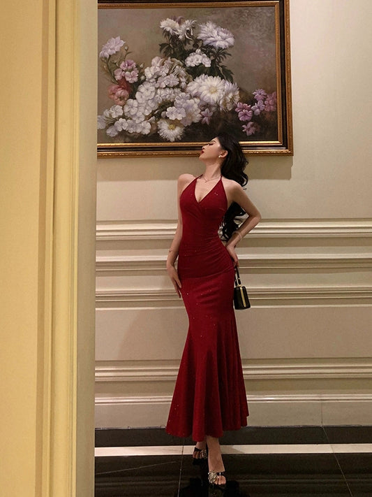 Robe de bal longue sirène dos nu bordeaux, robe de soirée formelle J8699