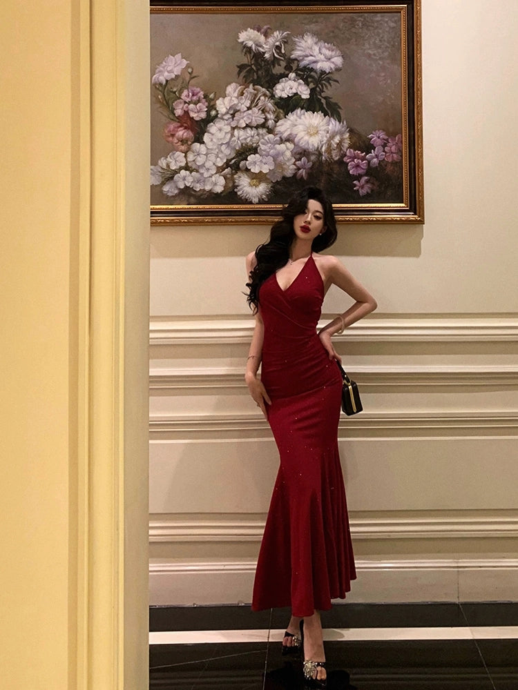 Robe de bal longue sirène dos nu bordeaux, robe de soirée formelle J8699