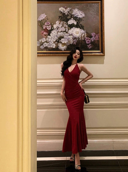 Robe de bal longue sirène dos nu bordeaux, robe de soirée formelle J8699